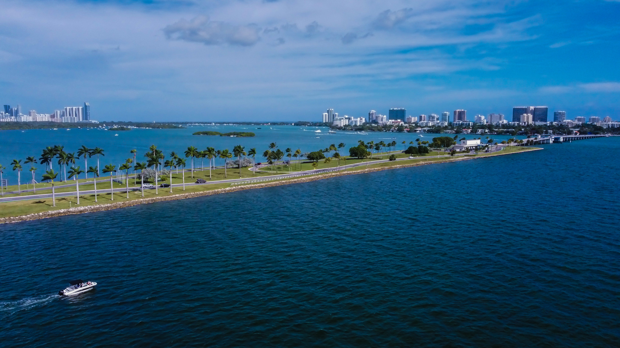 Fly over shot of Bal Harbour Causeway